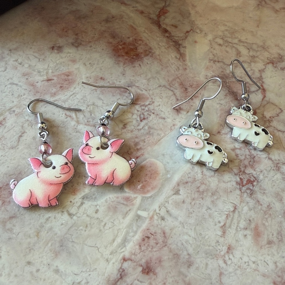EUC~Set Of 2 Pair If Women’s Earrings~Pig & Cow French Hook Back Earrings